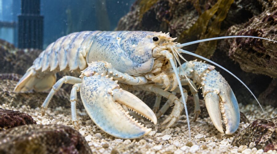Pale blue and white lobster in a research aquarium