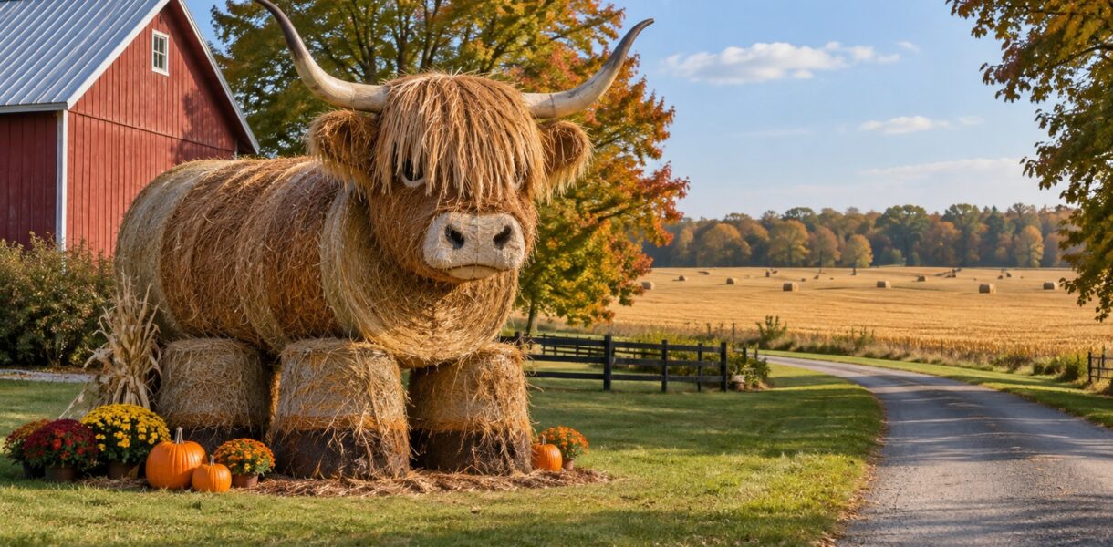 Painted straw-bale cow sculpture beside an Indiana country lane