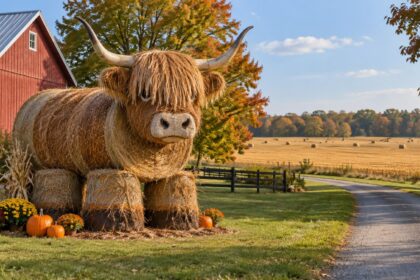 Painted straw-bale cow sculpture beside an Indiana country lane