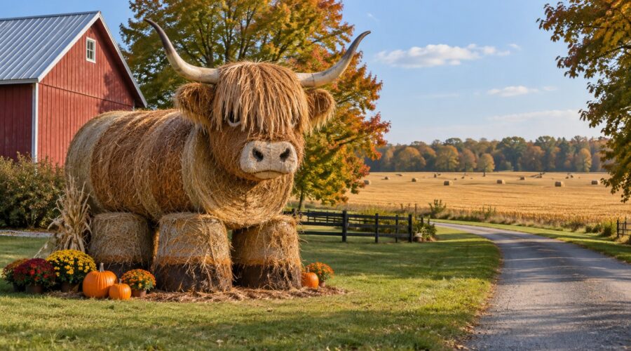 Painted straw-bale cow sculpture beside an Indiana country lane