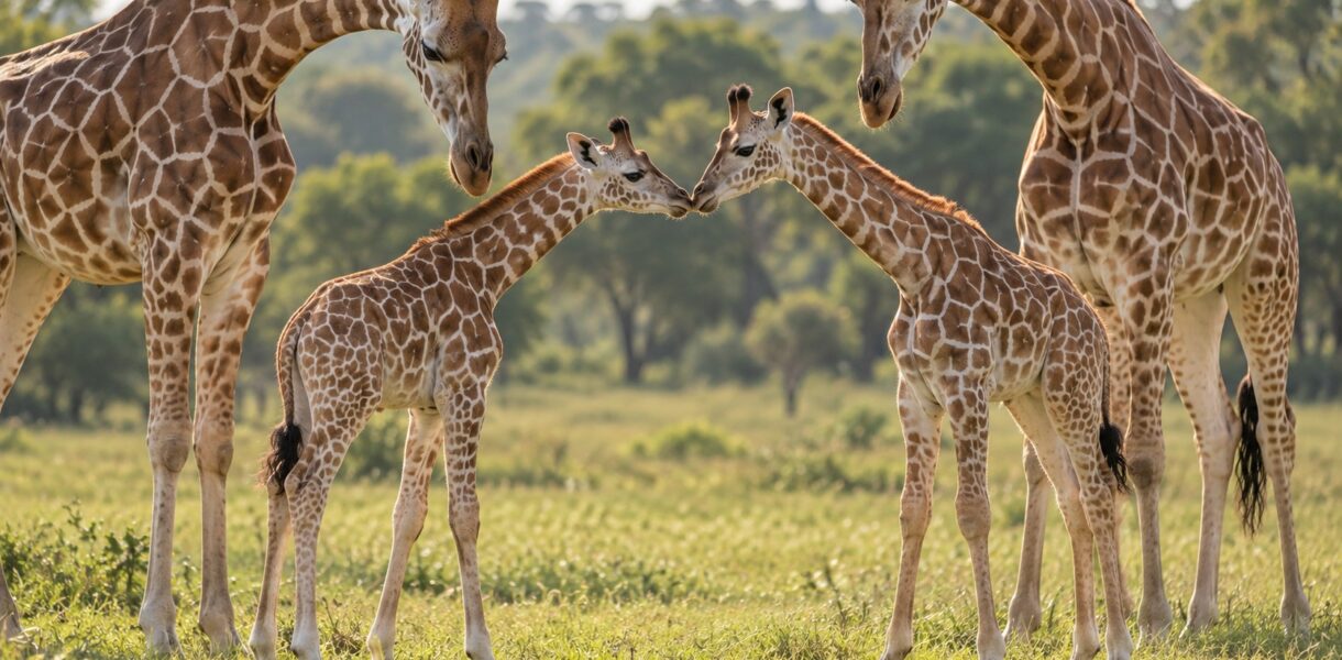 Two giraffe calves touching noses between adult giraffes in a grassy habitat.