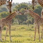 Two giraffe calves touching noses between adult giraffes in a grassy habitat.