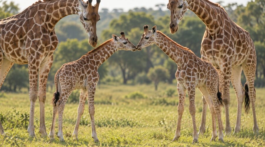 Two giraffe calves touching noses between adult giraffes in a grassy habitat.